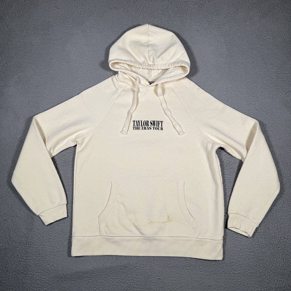 Taylor Swift Hoodie Womens Medium Beige Pullover Sweatshirt Eras Tour Logo